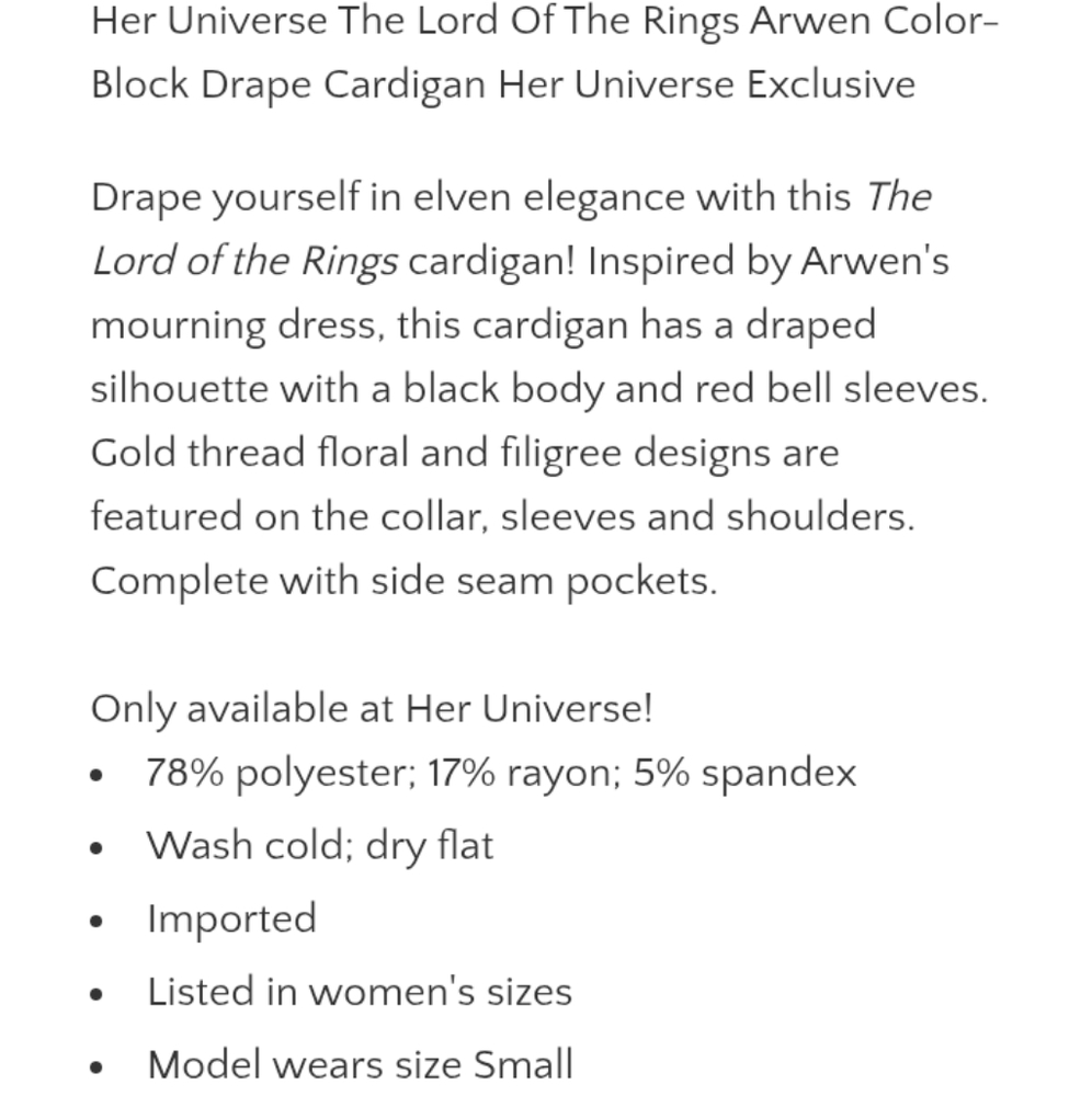 Elegant Black and Red Embroidered Cardigan Arwen Lord Of The Rings Her Universe - Picture 6 of 6